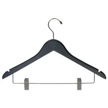 Rubber Coated Flat Notched Wooden Combo Suit Hanger w/ Clips 17" - Matte Black | MWS